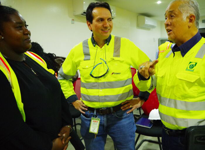 Chairman of Caribbean Cement Company Limited, Mr. Parris A. Lyew-Ayee (right), engages in discussion with Sabrina Edwards (left), a final-year student at the University of Technology, Jamaica, during the virtual launch of Cemex Campus on September 22. At centre is Trinidad Cement Limited cluster Group Managing Director, Mr. Francisco Aguilera. Cemex Campus is a work-ready initiative designed to expose university students to the operations of a multinational company and the latest technologies in the cement industry.